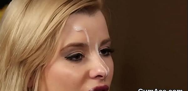  Sexy looker gets sperm load on her face gulping all the jism